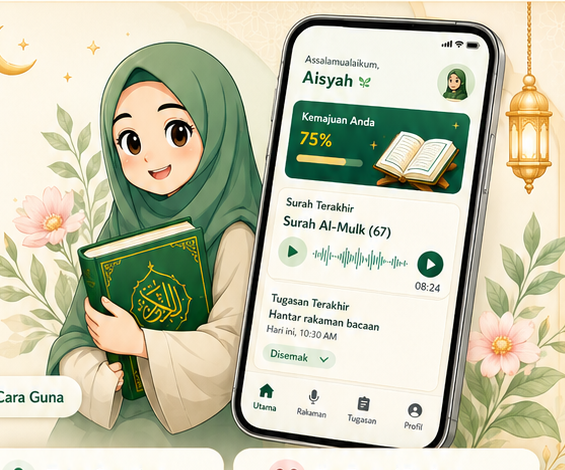 Pelajar Muslimah menggunakan aplikasi IQRAQ Quran Buddy